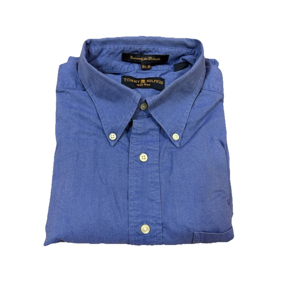 Tommy Hilfiger Button Down Shirt Mens 16.5‎ 36 Blue Excellent Gold Crest Oxford